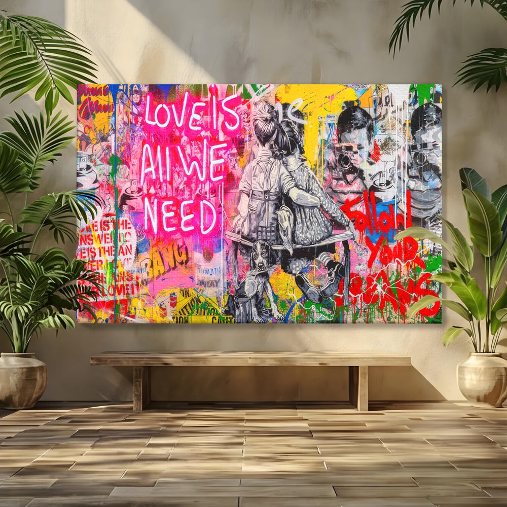 Tablou canvas cu tablou canvas cu graffiti si cuplu pe banca, fara rama, pe sasiu de lemn